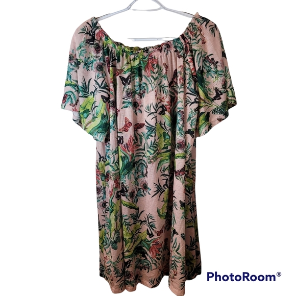 H&M‎ Pink Butterfly Floral Off The Shoulder Dress Size Small - Picture 1 of 8